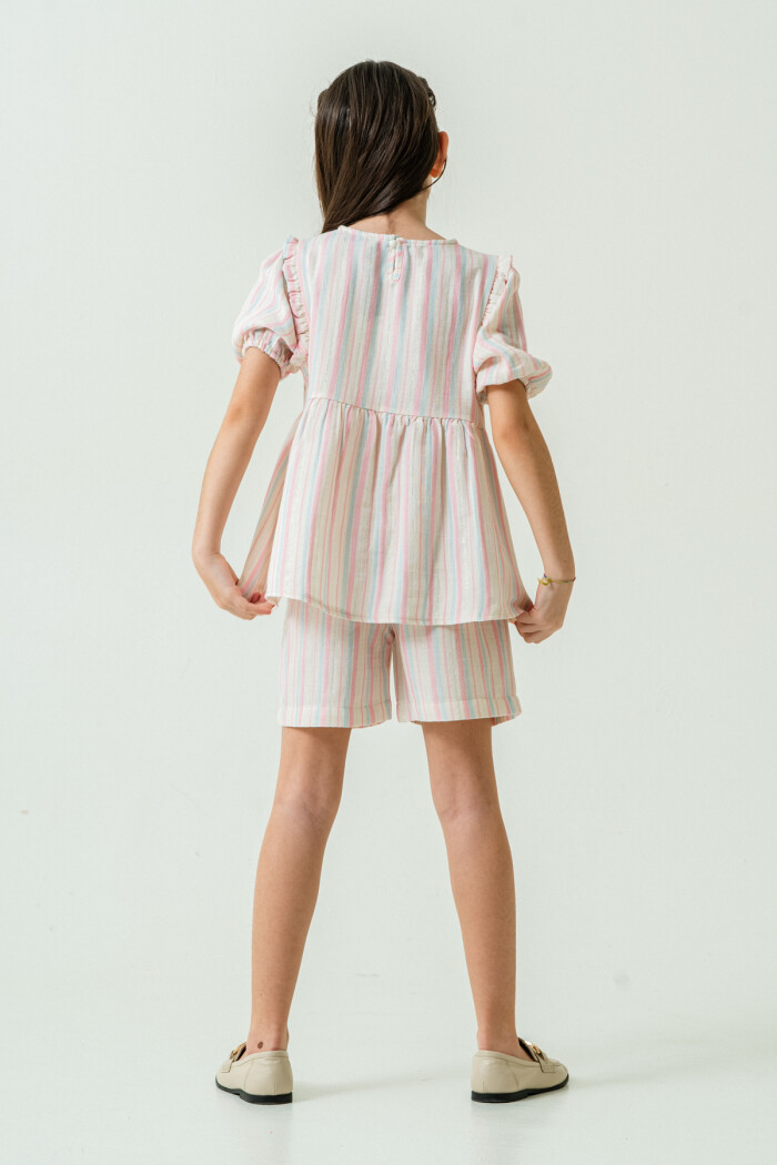 Kız Çocuk Çizgili Müslin Şortlu Takım 5-9 Yaş Pembe 3806-3