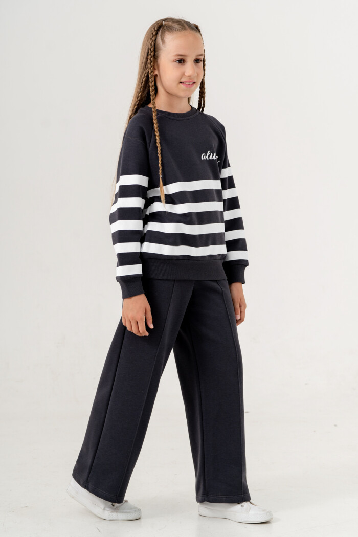 Kız Çocuk Füme Çizgili Bisiklet Yaka 5-9 Yaş Takım -3574-2