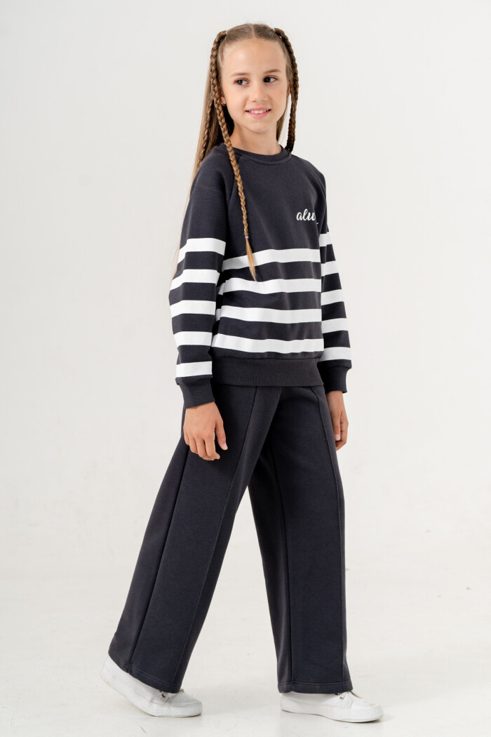 Kız Çocuk Füme Çizgili Bisiklet Yaka 5-9 Yaş Takım -3574-2