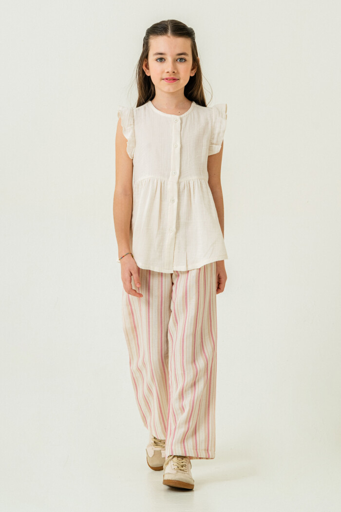 Kız Çocuk Gömlekli Çizgili Müslin Takım 5-9 Yaş Gül 3807-3