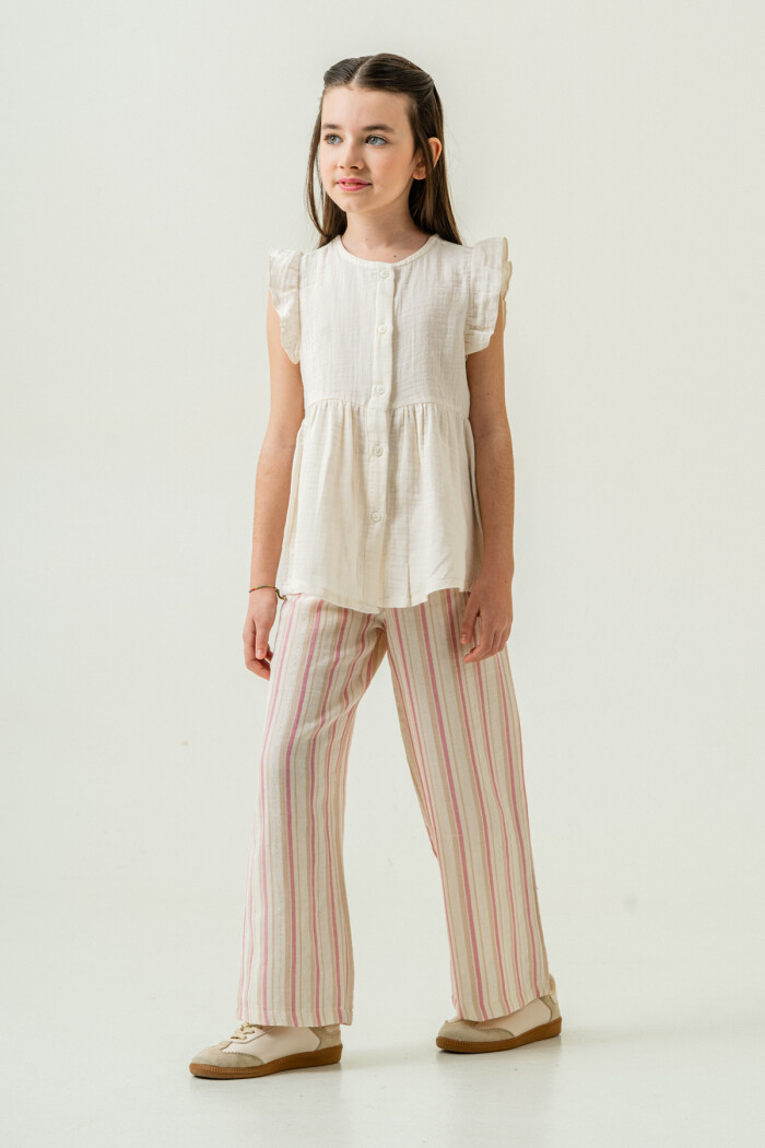 Kız Çocuk Gömlekli Çizgili Müslin Takım 5-9 Yaş Gül 3807-3