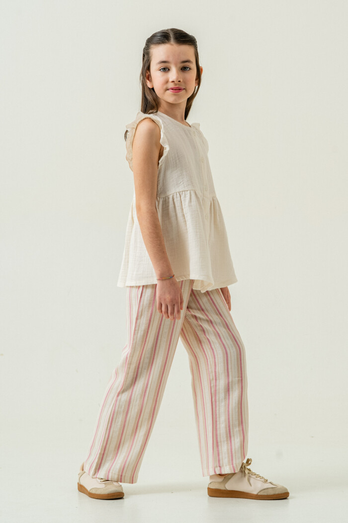 Kız Çocuk Gömlekli Çizgili Müslin Takım 5-9 Yaş Gül 3807-3