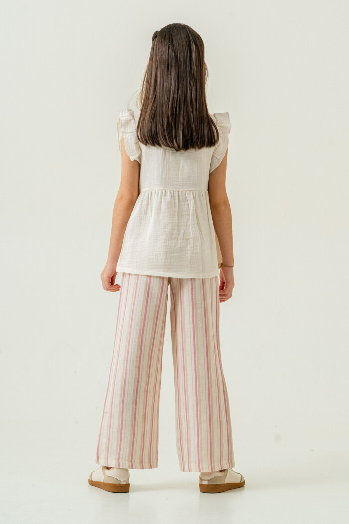 Kız Çocuk Gömlekli Çizgili Müslin Takım 5-9 Yaş Gül 3807-3
