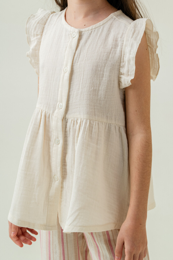 Kız Çocuk Gömlekli Çizgili Müslin Takım 5-9 Yaş Gül 3807-3