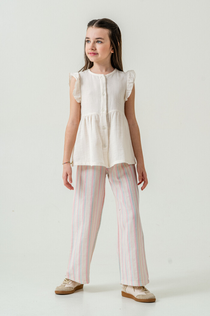 Kız Çocuk Gömlekli Çizgili Müslin Takım 5-9 Yaş Pembe 3807-2