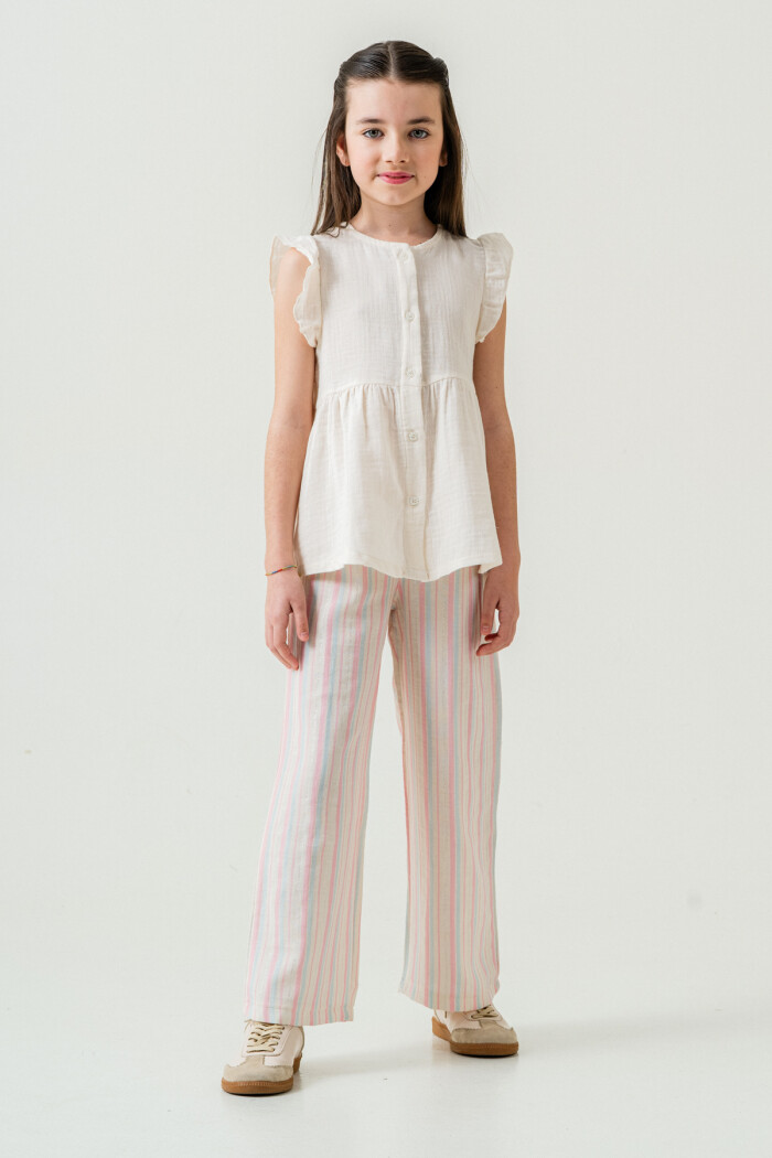 Kız Çocuk Gömlekli Çizgili Müslin Takım 5-9 Yaş Pembe 3807-2