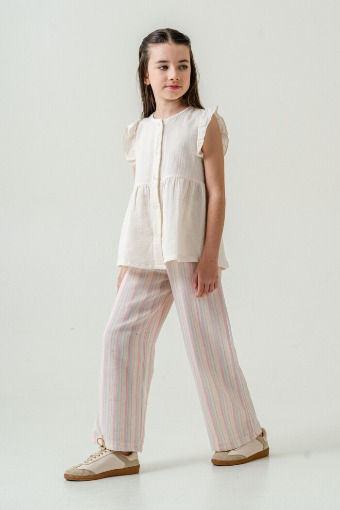 Kız Çocuk Gömlekli Çizgili Müslin Takım 5-9 Yaş Pembe 3807-2