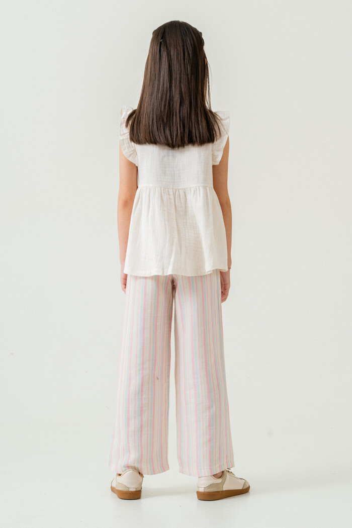 Kız Çocuk Gömlekli Çizgili Müslin Takım 5-9 Yaş Pembe 3807-2