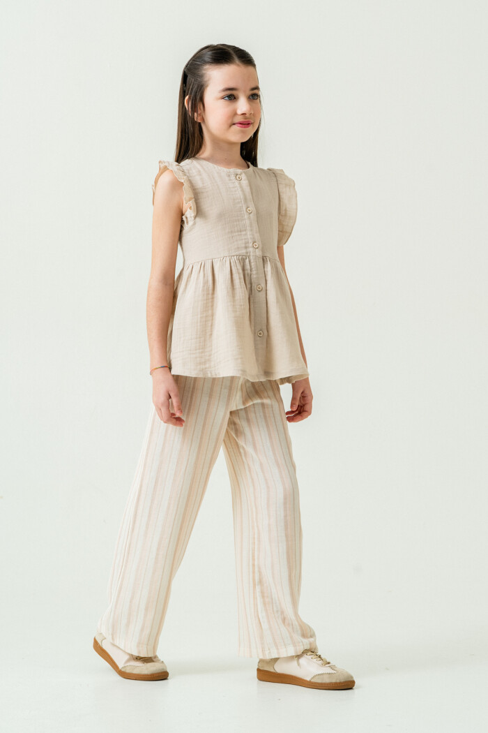 Kız Çocuk Gömlekli Çizgili Müslin Takım 5-9 Yaş Bej 3807-1