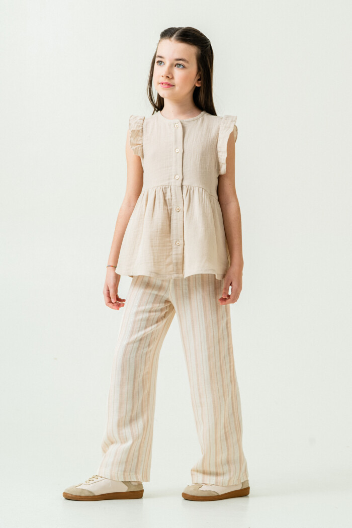 Kız Çocuk Gömlekli Çizgili Müslin Takım 5-9 Yaş Bej 3807-1