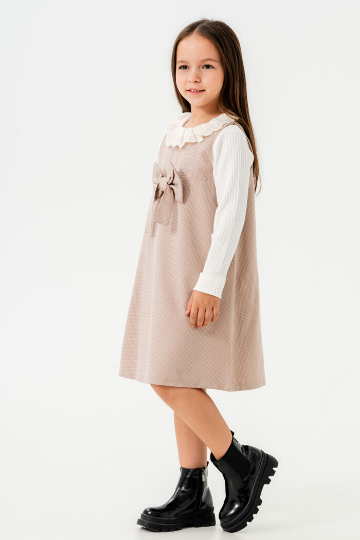 Kız Çocuk Gül Kurusu Ekose Kurdeleli Yaka Detaylı 3-7 Yaş Badili Elbise  3704-4