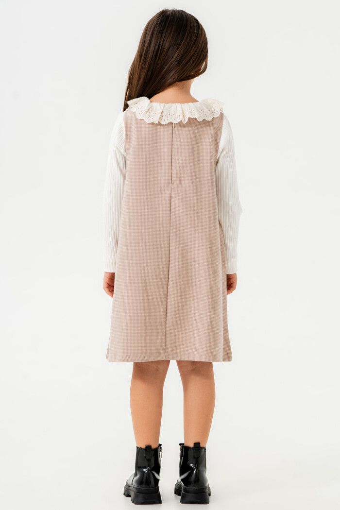 Kız Çocuk Gül Kurusu Ekose Kurdeleli Yaka Detaylı 3-7 Yaş Badili Elbise  3704-4