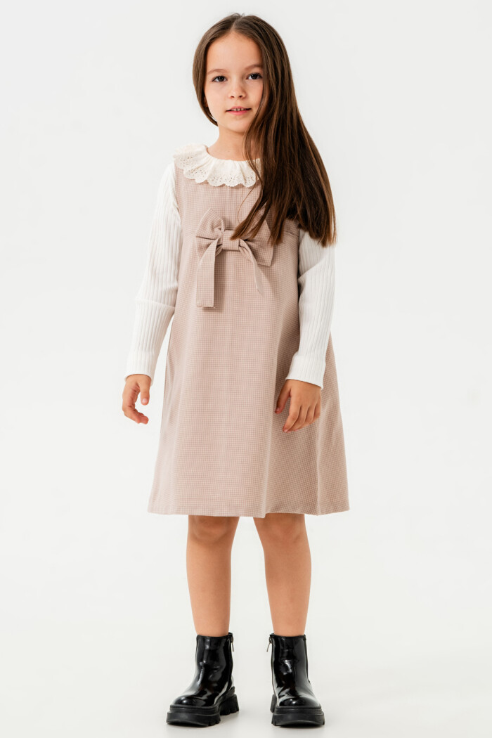 Kız Çocuk Gül Kurusu Ekose Kurdeleli Yaka Detaylı 3-7 Yaş Badili Elbise  3704-4