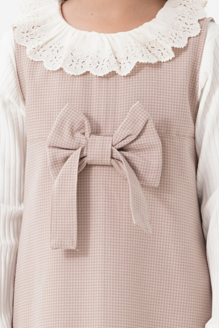 Kız Çocuk Gül Kurusu Ekose Kurdeleli Yaka Detaylı 3-7 Yaş Badili Elbise  3704-4