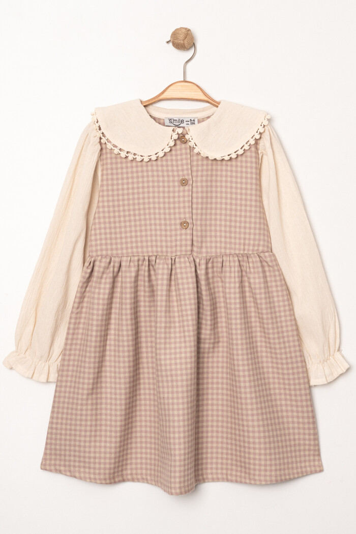 Kız Çocuk Gül Kurusu Ekose Yaka Detaylı Düğmeli 3-7 Yaş Elbise 3718-1