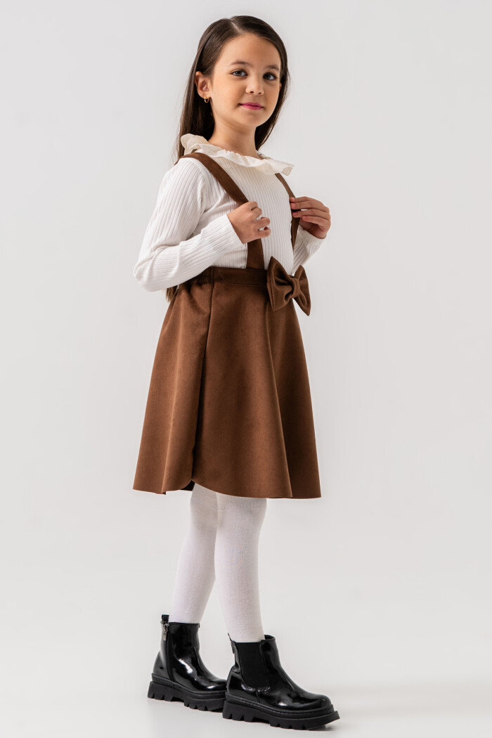 Kız Çocuk Kahve Askılı Dantel Yaka Kurdele Detaylı 3-7 Yaş Badili Elbise - 3703-2