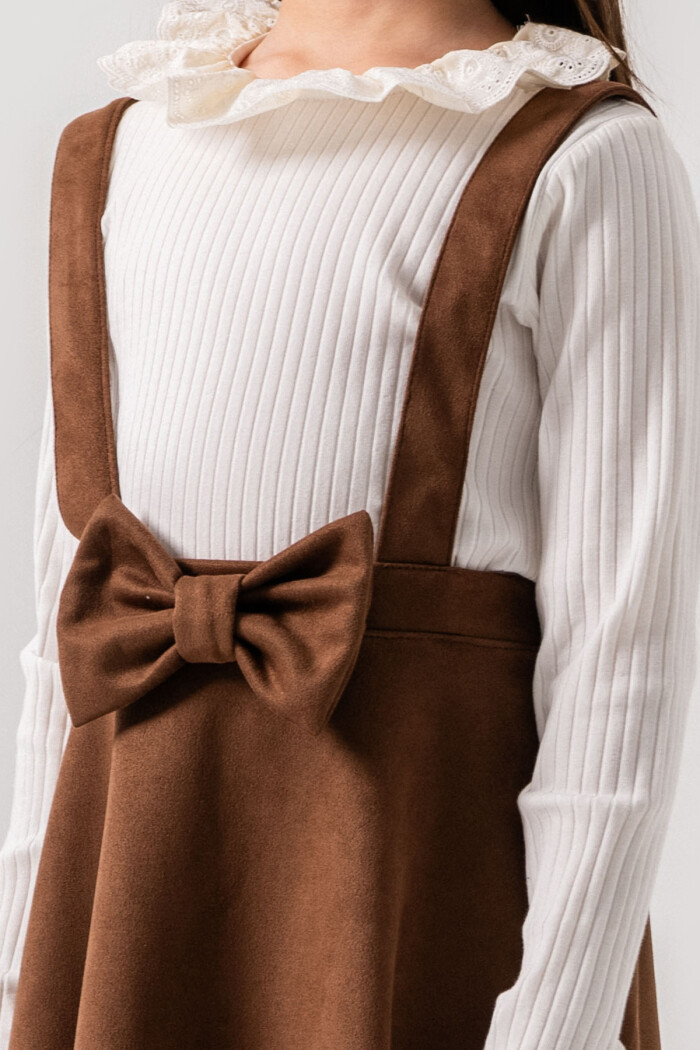 Kız Çocuk Kahve Askılı Dantel Yaka Kurdele Detaylı 3-7 Yaş Badili Elbise - 3703-2