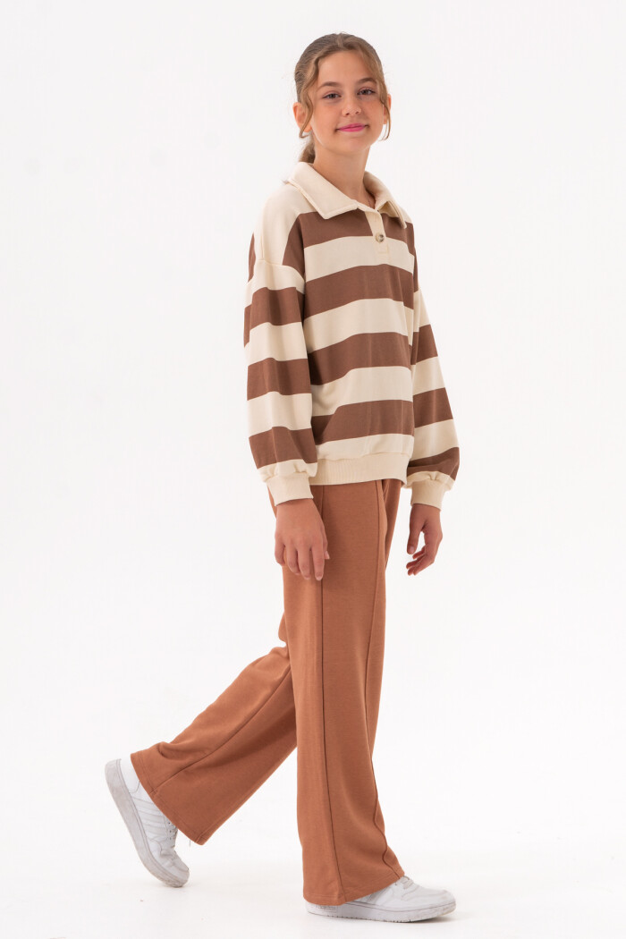 Kız Çocuk Kahve Çizgili Yakalı 8-12 Yaş Takım - 3508-1