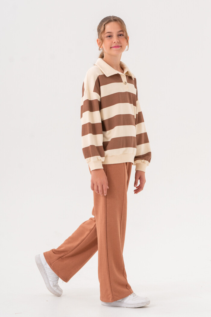 Kız Çocuk Kahve Çizgili Yakalı 8-12 Yaş Takım - 3508-6