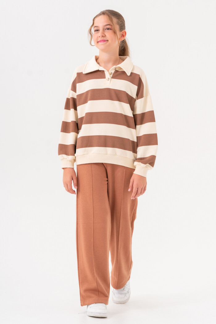Kız Çocuk Kahve Çizgili Yakalı 8-12 Yaş Takım - 3508-6