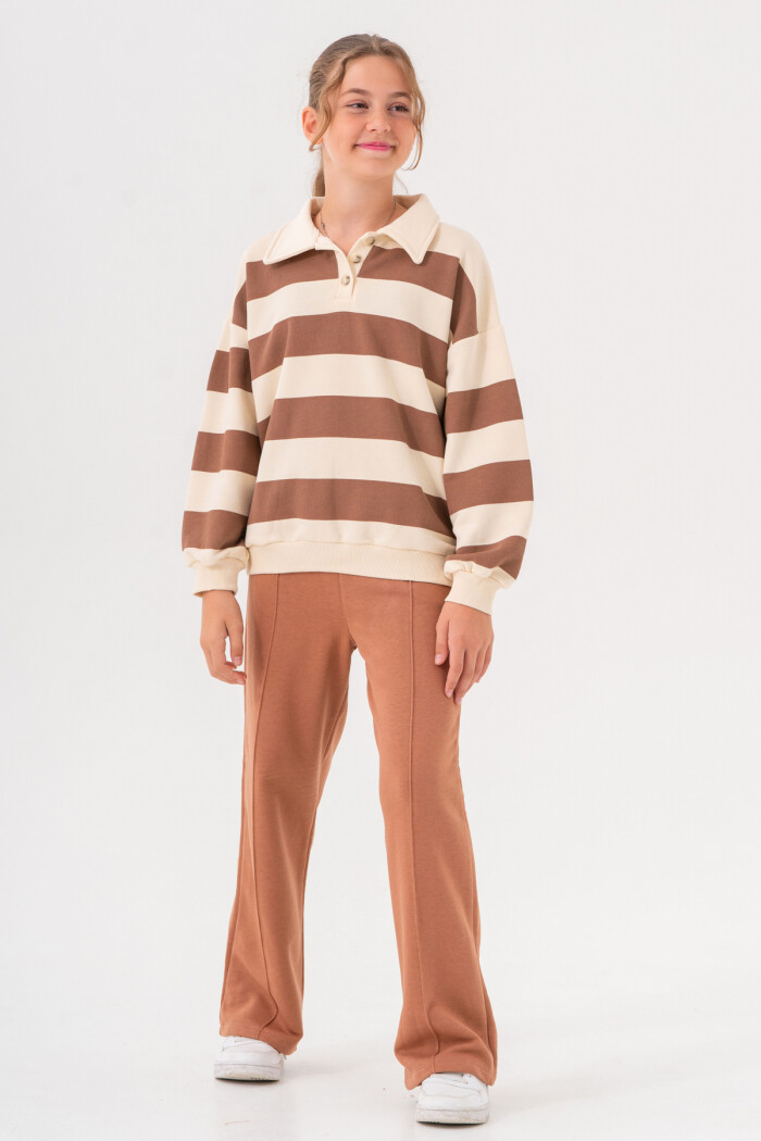 Kız Çocuk Kahve Çizgili Yakalı 8-12 Yaş Takım - 3508-6