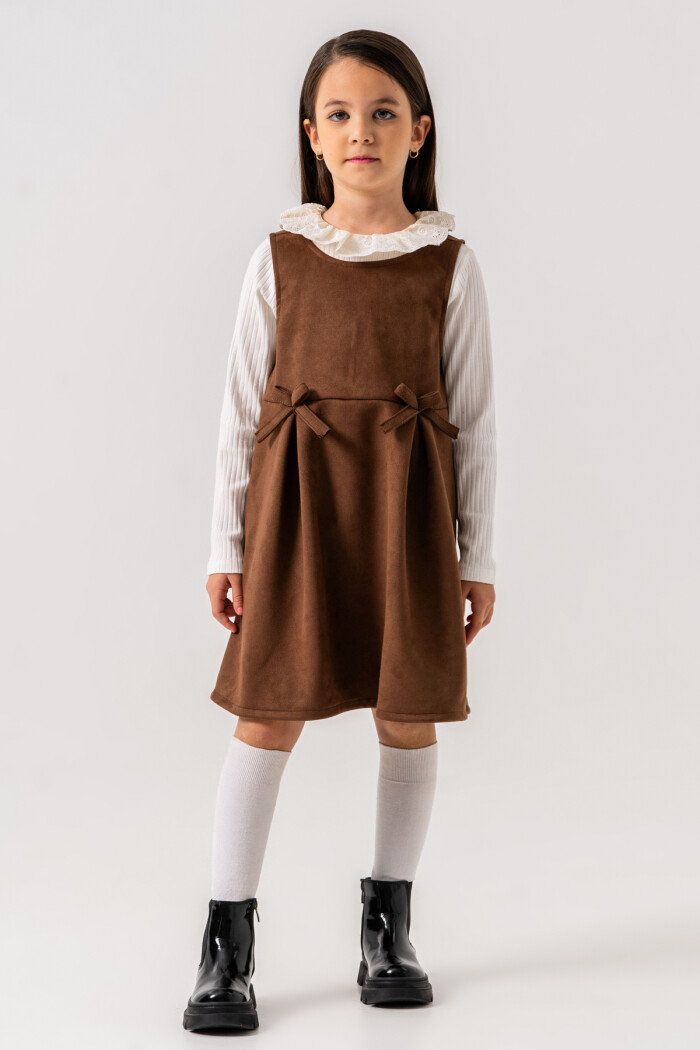 Kız Çocuk Kahve Dantel Yaka Kurdele Detaylı 3-7 Yaş Badili Elbise - 3702-4
