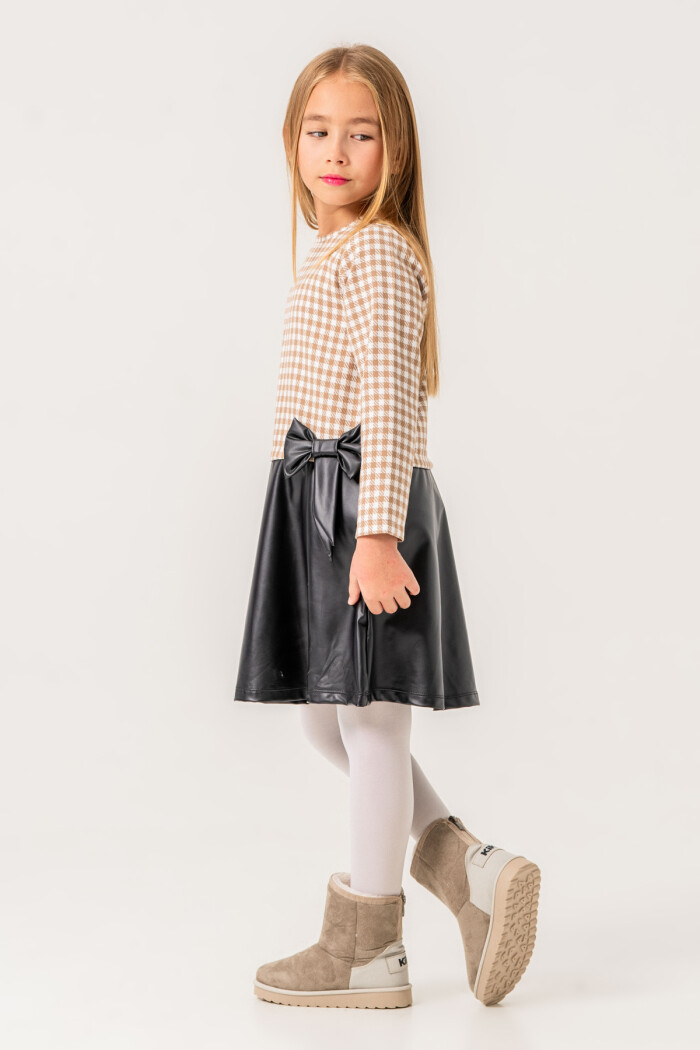 Kız Çocuk Kahve Ekose Badili 5-9 Yaş Kurdele Detaylı Deri Etekli Elbise 3725-1
