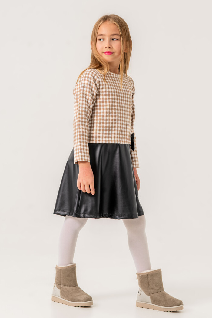 Kız Çocuk Kahve Ekose Badili 5-9 Yaş Kurdele Detaylı Deri Etekli Elbise 3725-1