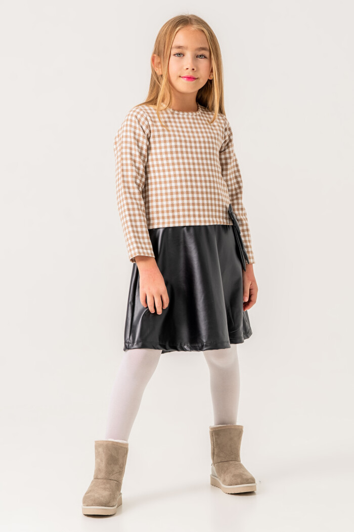 Kız Çocuk Kahve Ekose Badili 5-9 Yaş Kurdele Detaylı Deri Etekli Elbise 3725-1