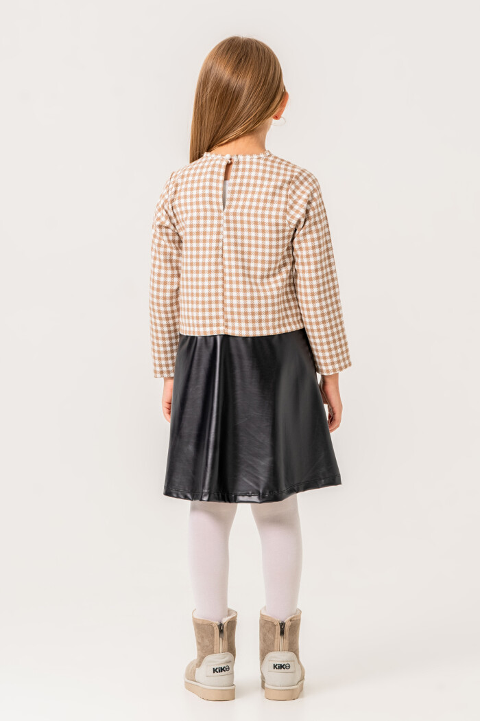 Kız Çocuk Kahve Ekose Badili 5-9 Yaş Kurdele Detaylı Deri Etekli Elbise 3725-1