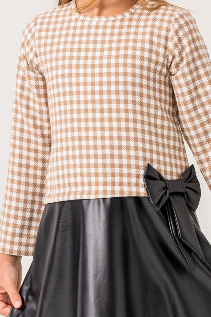 Kız Çocuk Kahve Ekose Badili 5-9 Yaş Kurdele Detaylı Deri Etekli Elbise 3725-1