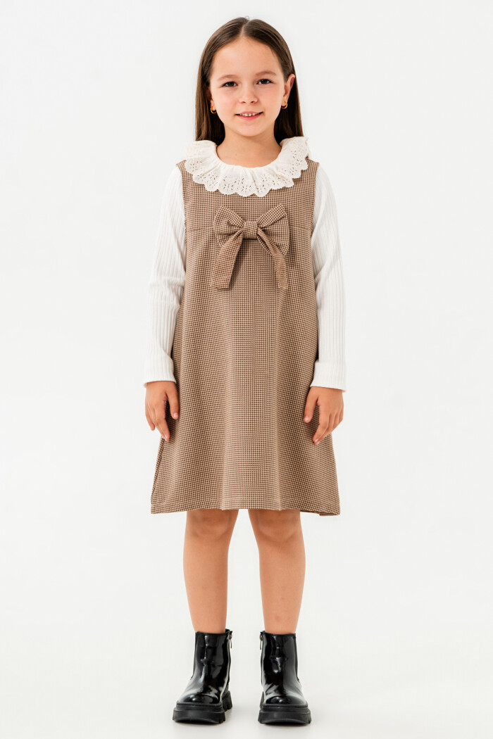 Kız Çocuk Kahve Ekose Kurdeleli Yaka Detaylı 3-7 Yaş Badili Elbise  3704-3