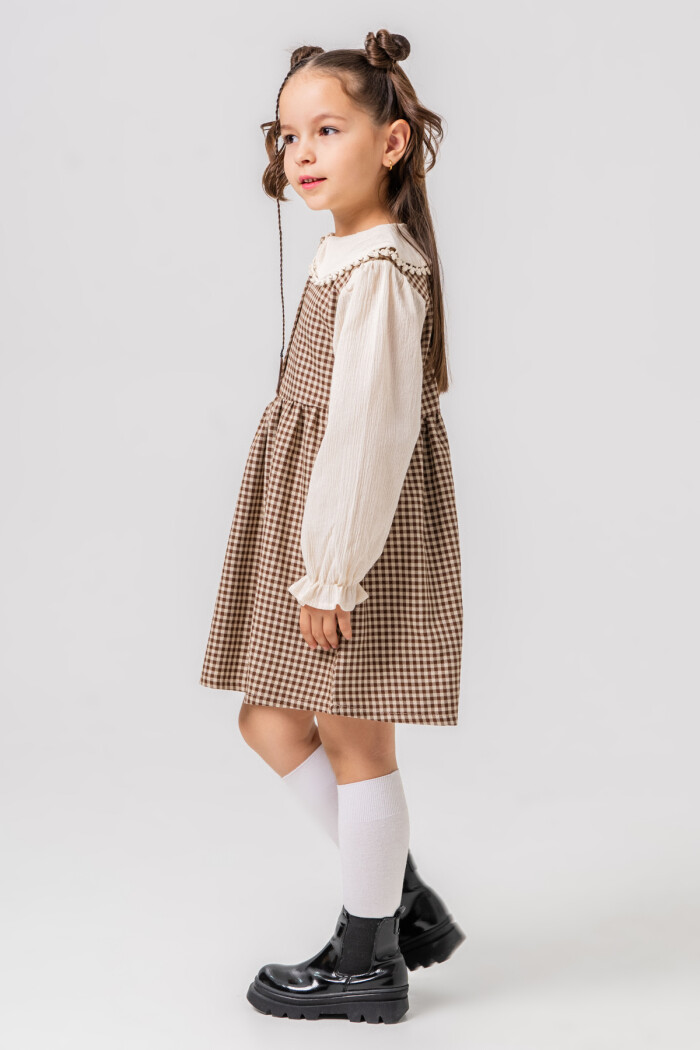 Kız Çocuk Kahve Ekose Yaka Detaylı Düğmeli 3-7 Yaş Elbise 3718-3