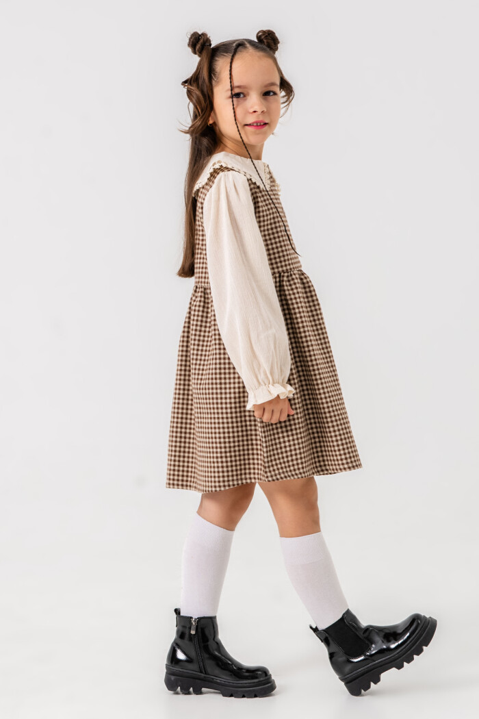 Kız Çocuk Kahve Ekose Yaka Detaylı Düğmeli 3-7 Yaş Elbise 3718-3