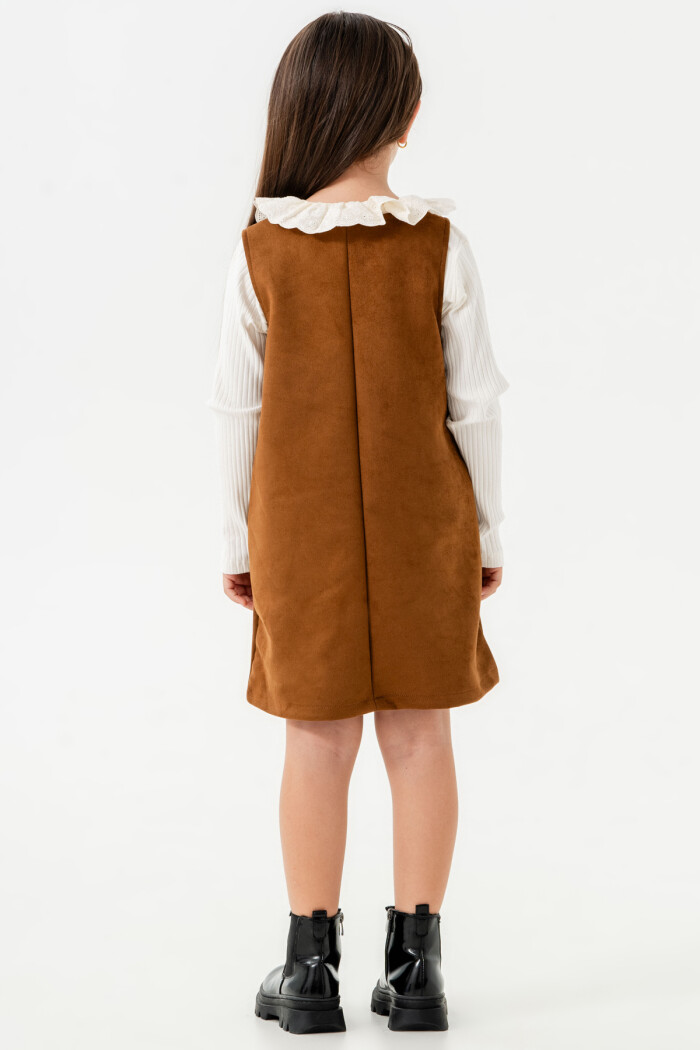 Kız Çocuk Kahve Yaka Detaylı Cepli 3-7 Yaş Badili Elbise - 3701-4