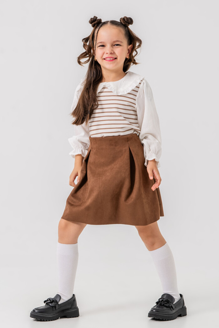 Kız Çocuk Kahve Yaka ve Kol Detaylı Çizgili 3-7 Yaş Süet Etekli Takım 3712-2