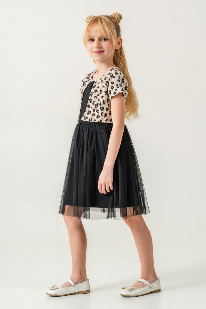 Kız Çocuk Leopar Desenli Tüllü Elbise 2-7 Yaş Bej 008-3