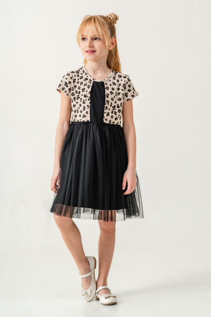 Kız Çocuk Leopar Desenli Tüllü Elbise 2-7 Yaş Bej 008-3