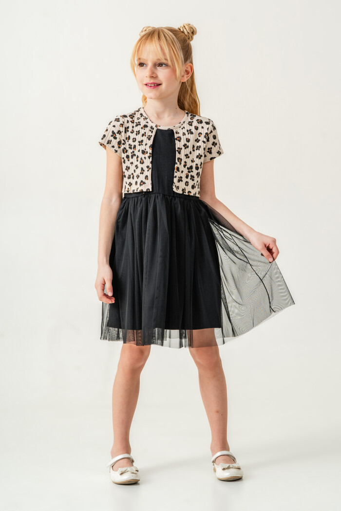 Kız Çocuk Leopar Desenli Tüllü Elbise 2-7 Yaş Bej 008-3
