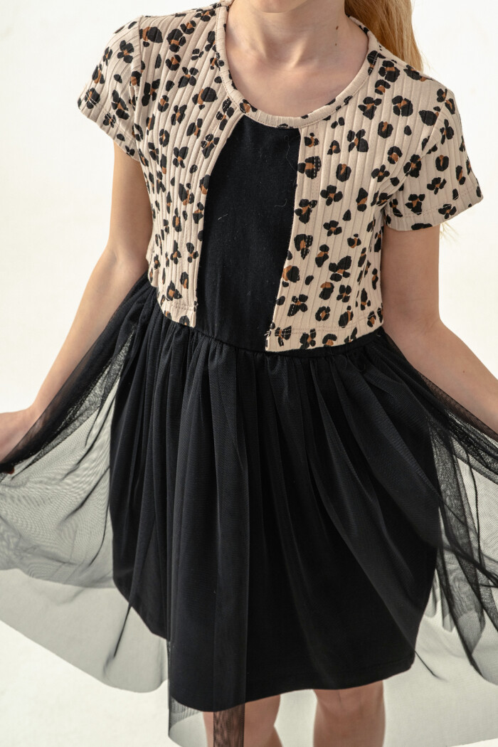 Kız Çocuk Leopar Desenli Tüllü Elbise 2-7 Yaş Bej 008-3