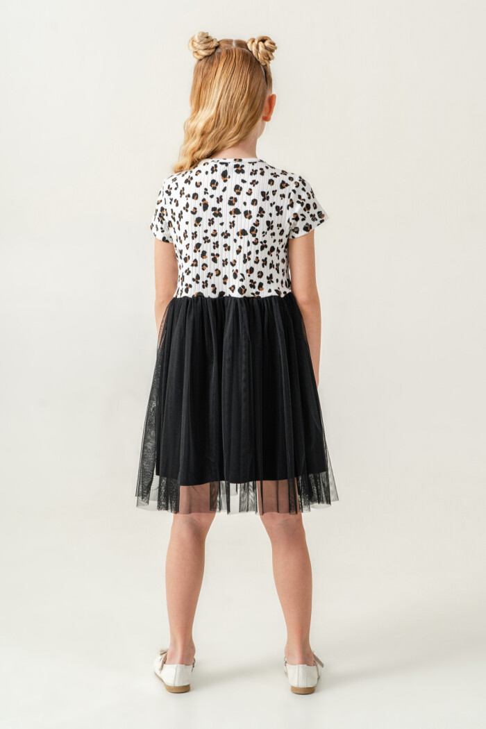Kız Çocuk Leopar Desenli Tüllü Elbise 2-7 Yaş Ekru 008-1