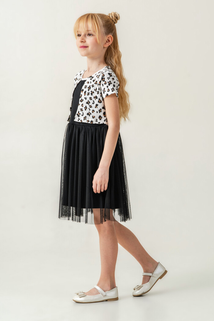 Kız Çocuk Leopar Desenli Tüllü Elbise 2-7 Yaş Ekru 008-1