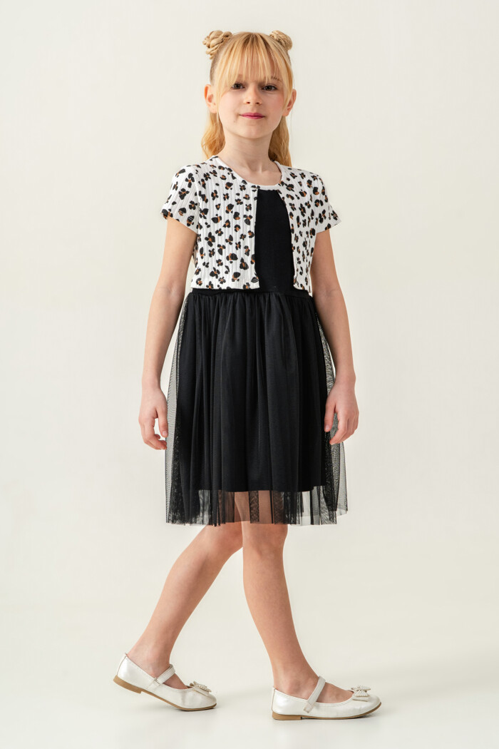 Kız Çocuk Leopar Desenli Tüllü Elbise 2-7 Yaş Ekru 008-1