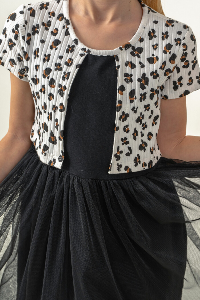 Kız Çocuk Leopar Desenli Tüllü Elbise 2-7 Yaş Ekru 008-1