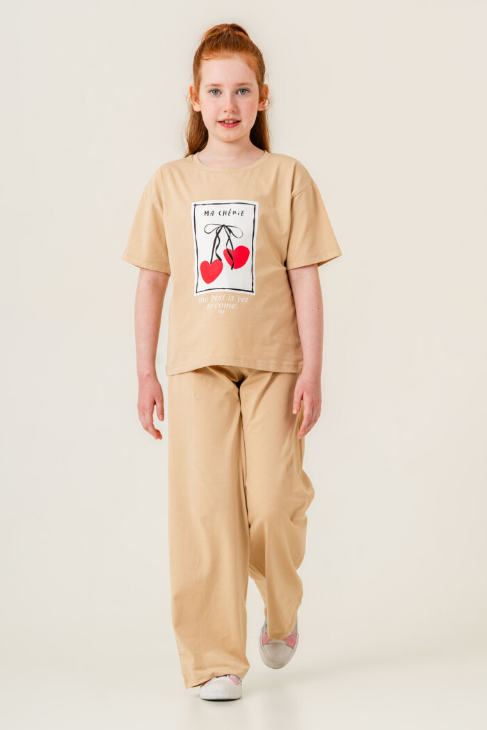 Kız Çocuk Ma Cherie Baskılı Takım 7-12 Yaş Bej 022-5