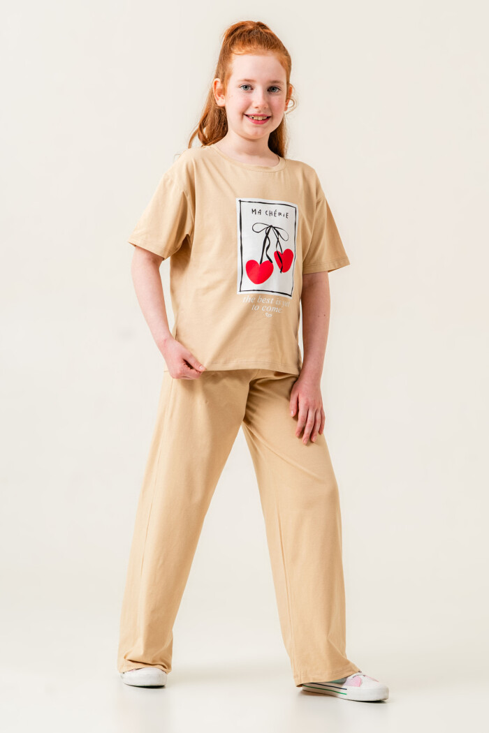 Kız Çocuk Ma Cherie Baskılı Takım 7-12 Yaş Bej 022-5