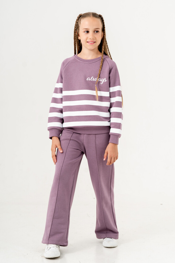 Kız Çocuk Mor Çizgili Bisiklet Yaka 5-9 Yaş Takım -3574-1