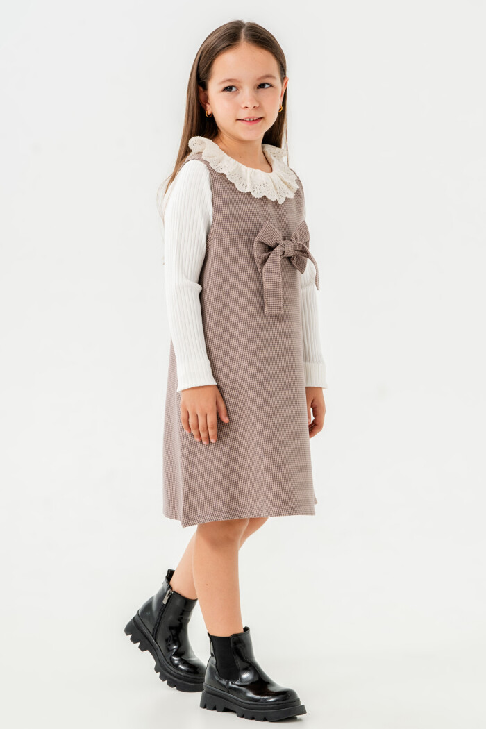 Kız Çocuk Mor Ekose Kurdeleli Yaka Detaylı 3-7 Yaş Badili Elbise  3704-2