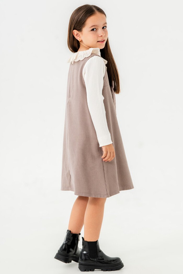 Kız Çocuk Mor Ekose Kurdeleli Yaka Detaylı 3-7 Yaş Badili Elbise  3704-2