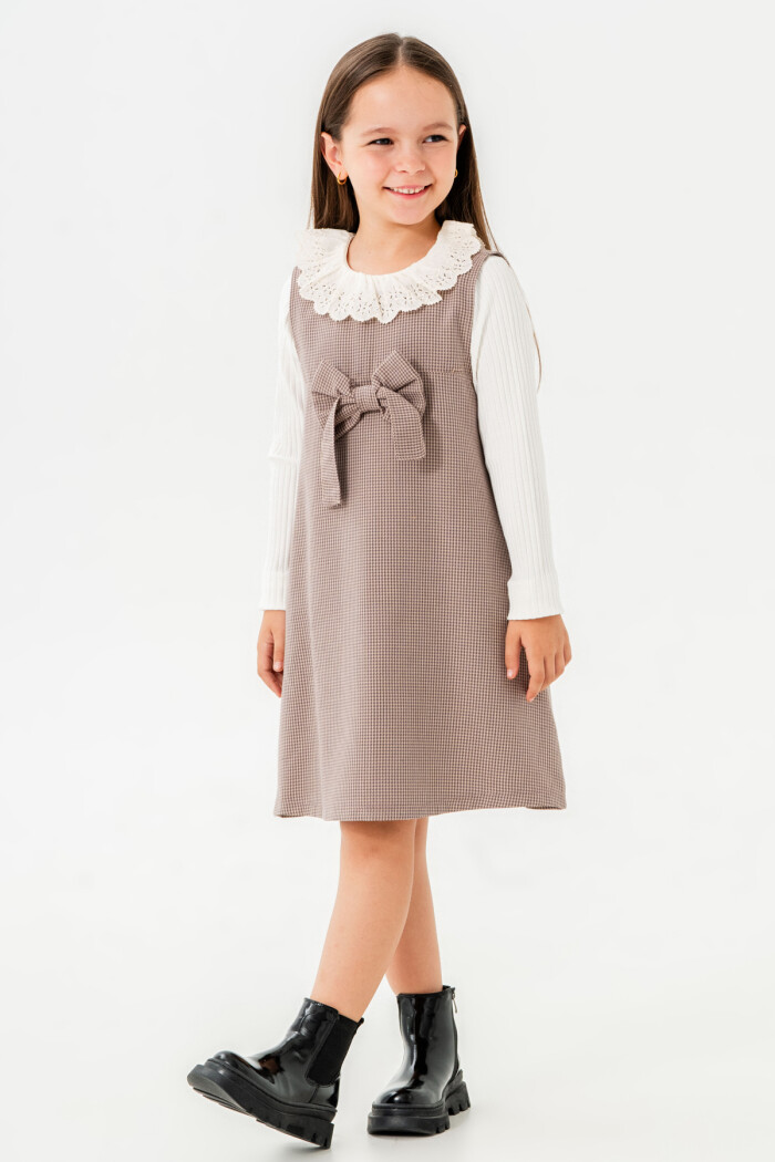 Kız Çocuk Mor Ekose Kurdeleli Yaka Detaylı 3-7 Yaş Badili Elbise  3704-2